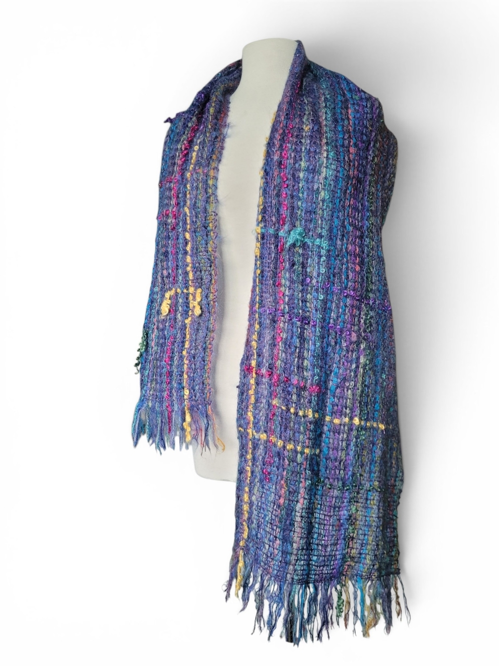 Large Hand Woven Mohair Fringe Scarf Multicolor Blue Purple